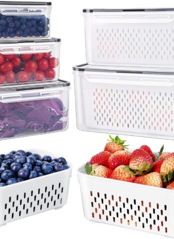 5 PCS Large Fruit Containers for Fridge - Leakproof Food Storage Containers with Removable Colander - Dishwasher & microwave safe Produce Containers Keep Fruits, Vegetables, Berry, Meat Fresh longer