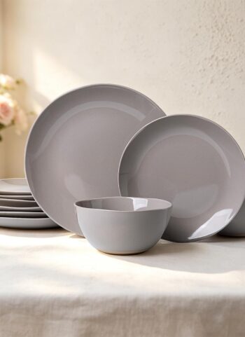 Dinnerware Sets for 4, 12 Pieces Stoneware Plates and Bowls Sets, Dishwasher&Microwave Safe,Modern Minimalist Tableware for Everyday Use, Gray